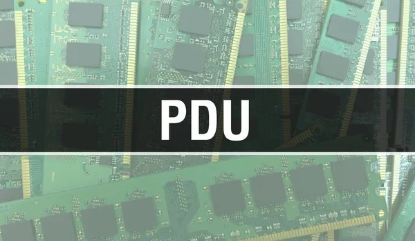 回路基板上に書かれたPduテキストソフトウェア開発者とコンピュータスクリプトの電子抽象技術の背景 集積回路のPdu概念 Pdu集積回路と抵抗 — ストック写真