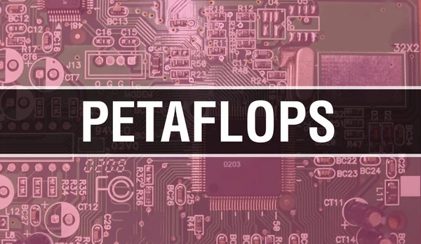 Elektronik Bilgisayar Donanım Teknolojisi geçmişi olan Petaflops. Elektronik Entegre Devre ve Petaflops ile soyut bir arkaplan. Elektronik Devre Kurulu. Bilgisayar Entegrasyonlu Petafloplar