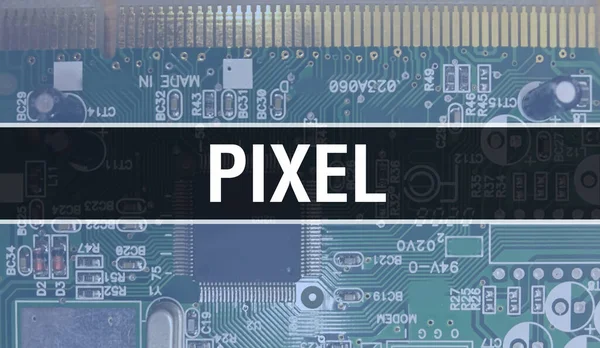 Pixelkoncept Med Dator Moderkort Pixeltext Skriven Teknik Moderkort Digital Teknik — Stockfoto