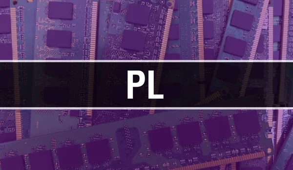 回路基板上に書かれたPlテキストソフトウェア開発者とコンピュータスクリプトの電子抽象技術の背景 統合回路のPlコンセプト Pl集積回路と抵抗 — ストック写真