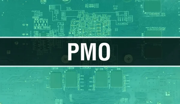 PMO concept with Electronic Integrated Circuit on circuit board. PMO with Computer Chip in Circuit Board abstract technology background and Chip close up on a integrated circuit. PMO Backgroun