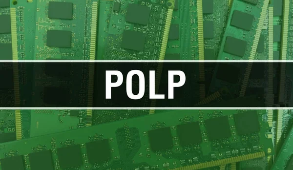 回路基板上に書かれたPolpテキストソフトウェア開発者とコンピュータスクリプトの電子抽象技術の背景 集積回路のPolp概念 Polp集積回路と抵抗 — ストック写真