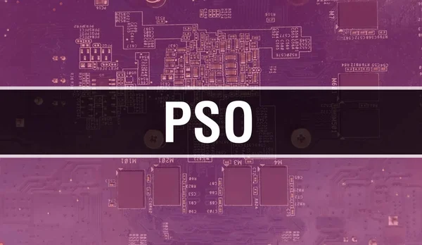 回路基板上の電子集積回路とPsoの概念 Pso Computer Chip Circuit Boardの抽象技術の背景とチップは集積回路上に閉じ込められています Psoの背景 — ストック写真