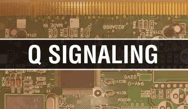 Q Signaling concept with Computer motherboard. Q Signaling text written on Technology Motherboard Digital technology background. Q Signaling with printed circuit board and Chip close up o