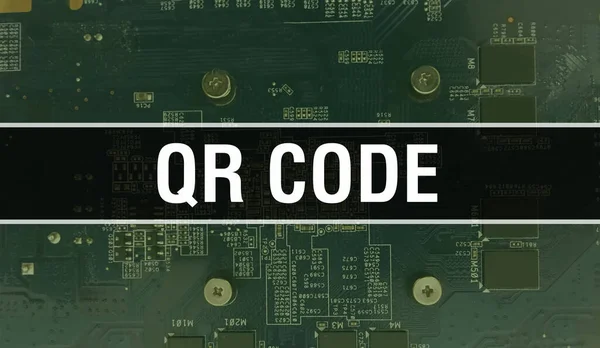 QR Code with Electronic components on integrated circuit board Background.Digital Electronic Computer Hardware and Secure Data Concept. Computer motherboard and QR Code. QR Code Integrated Circuit