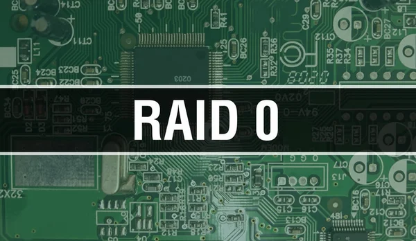 RAID 0 concept illustration using Computer Chip in Circuit Board. RAID 0 close up of integrated circuits board background. RAID 0 on Electronic Computer Hardware Technology Motherboard Digital Chi