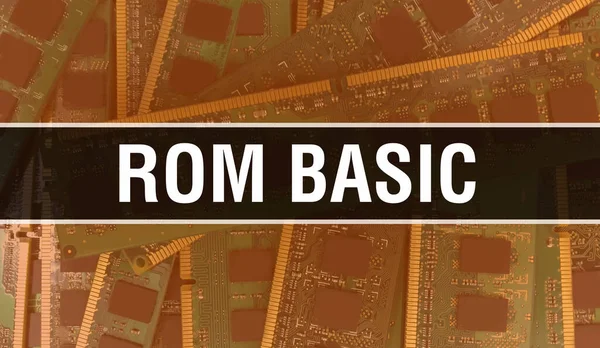 ROM BASIC konsept illüstrasyonunda Devre Panosundaki Bilgisayar Çipi kullanılıyor. ROM BASIC entegre devre tahtası arkaplanını kapat. ROM BASIC Elektronik Bilgisayar Donanım Teknolojisi Motherboar
