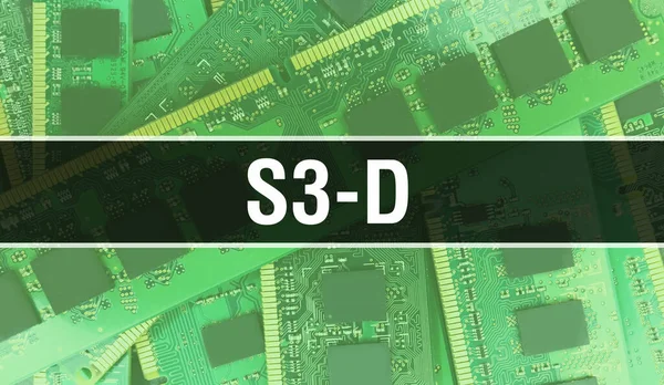 回路基板上に電子集積回路を搭載したS3 Dコンセプト 回路基板抽象技術の背景にコンピュータチップを搭載したS3 Dと集積回路上にチップを閉じます D背景 — ストック写真