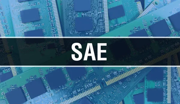 回路基板上に書かれたSaeテキストソフトウェア開発者とコンピュータスクリプトの電子抽象技術の背景 集積回路のSaeコンセプト Sae集積回路と抵抗 — ストック写真