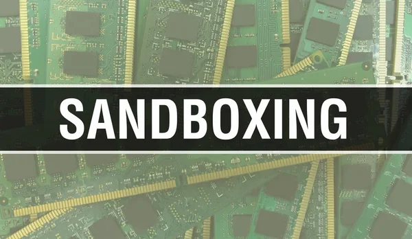 Sandboxing with Electronic components on integrated circuit board Background.Digital Electronic Computer Hardware and Secure Data Concept. Computer motherboard and Sandboxing. Sandboxing Integrate