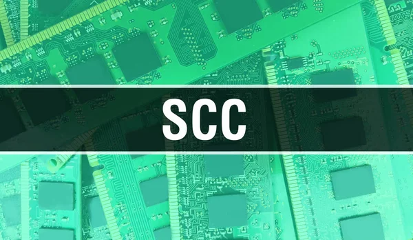 Scc文本写在电路板上 具有软件开发人员和计算机脚本的电子抽象技术背景 Scc集成电路的概念 Scc集成电路和电阻 — 图库照片