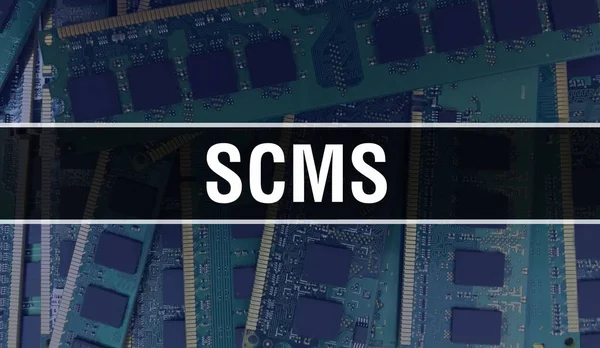 Devre kartında Elektronik Entegre Devre ile SCMS konsepti. Bilgisayar Çipi 'nin soyut teknoloji arka planında olduğu SCMS ve Chip entegre bir devrede kapanıyor. SCMS Arka Gruplama