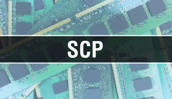 回路基板上のコンピュータチップを使用したScp概念図 Scpは集積回路基板のバックグラウンドをクローズアップします 電子計算機ハードウェア技術のScpマザーボードデジタルチップの背景 — ストック写真