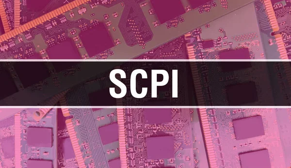 Scpi文本写在电路板上 具有软件开发人员和计算机脚本的电子抽象技术背景 Scpi集成电路的概念 Scpi集成电路和电阻 — 图库照片