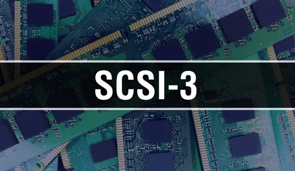Scsi 3概念说明在电路板中使用计算机芯片 Scsi 3接近集成电路板的背景 Scsi 3电子计算机硬件技术主板数字气门 — 图库照片