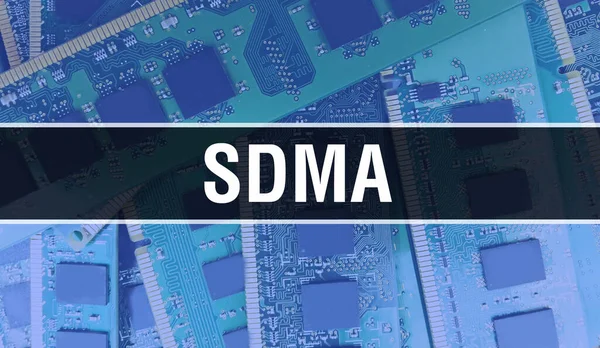 Sdma文本写在电路板上 具有软件开发人员和计算机脚本的电子抽象技术背景 Sdma集成电路的概念 Sdma集成电路和电阻 — 图库照片