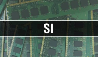Devre kartında Elektronik Entegre Devre ile SI kavramı. SI ve Bilgisayar Çipi soyut teknoloji arka planında ve Chip entegre bir devrede kapanıyor. SI Arkaplan consepsi