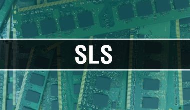 Devre kartında Elektronik Entegre Devre ile SLS konsepti. Bilgisayar Çipi 'nin soyut teknoloji arka planında olduğu SLS ve Chip entegre bir devrede kapanıyor. SLS Arka Gruplandırması