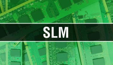 Yazılım geliştiricisi ve bilgisayar yazılımının elektronik soyut teknoloji arka planında yazılmış SLM metni. SLM Entegre Devre kavramı. SLM entegre devre ve direnç