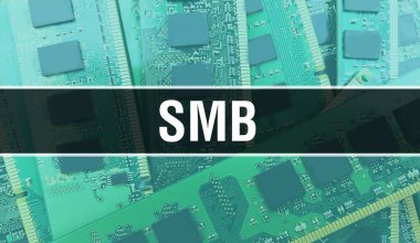 Bilgisayar anakartlı SMB konsepti. SMB metni Teknoloji Anakart Dijital Teknoloji arka planı üzerine yazılmış. Yazdırılmış devre kartı ile SMB ve Chip entegre devre Backgroun 'u kapatır