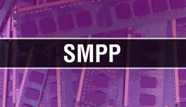 Elektronik Entegre Devre kartlı SMPP konsepti. Bilgisayar Çipi 'nin soyut teknoloji arka planında olduğu SMPP ve Chip entegre bir devrede kapanıyor. SMPP Arka Gruplandırması