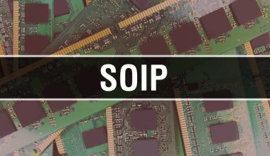 Devre panosundaki bilgisayar çipini kullanarak SoIP konsepti çizimi. Entegre devrelerin kapalı devre arkaplan SoIP. Elektronik Bilgisayar Donanım Teknolojisi Anakartındaki SoIP Dijital Chi
