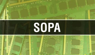Devre kartında Elektronik Entegre Devre ile SOPA kavramı. Bilgisayar Çipi 'nin soyut teknoloji arka planında olduğu SOPA ve Chip entegre bir devrede kapanıyor. SOPA Arka Gruplandırması