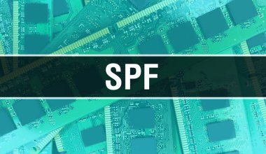 Devre Panosundaki Bilgisayar Çipi kullanılarak SPF konsepti çizimi. SPF entegre devre levha arkaplanını kapat. SPF: Elektronik Bilgisayar Donanım Teknolojisi Anakart Dijital Çip arka grubu