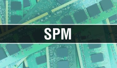 Devre Panosundaki Bilgisayar Çipi kullanılarak SPM konsepti illüstrasyonu. SPM entegre devre paneli arka planını kapat. Elektronik Bilgisayar Donanım Teknolojisi Anakart Dijital Çip arka grubunda SPM