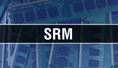 Elektronik Entegre Devre kartlı SRM konsepti. Bilgisayar Çipi 'nin soyut teknoloji arka planında olduğu SRM ve Chip entegre bir devrede kapanıyor. SRM Arka Gruplandırması