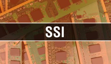 Yazılım geliştiricisi ve bilgisayar yazılımının elektronik soyut teknoloji arka planında SSI metni yazıldı. SSI entegre devreler konsepti. SSI entegre devre ve direnç