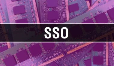 Yazılım geliştiricisi ve bilgisayar yazılımının elektronik soyut teknoloji arka planında SSO metni yazıldı. SSO entegre devreler konsepti. SSO entegre devre ve direnç