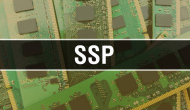 Elektronik bileşenleri olan SSP entegre devre kartı Arka plan .Dijital Elektronik Bilgisayar Donanımı ve Güvenli Veri Konsepti. Bilgisayar anakart ve SSP. SSP Entegre Devre Domuzu