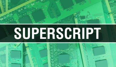 Teknoloji Anakart Dijital 'in üst metni. Superscript ve Computer Circuit Board Electronic Computer Hardware Technology Anakart Dijital Çip kavramı. Üst betiği entegre ederek kapat