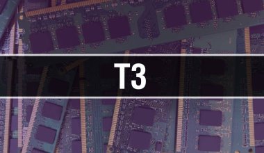 Bilgisayar anakartlı T3 konsepti. Teknoloji anakartının dijital teknolojisi üzerine yazılmış T3 metni. Yazdırılmış devre kartlı T3 ve Entegre devre Backgroun 'da Chip kapat