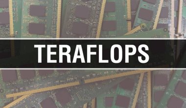 Elektronik Bilgisayar Donanım Teknolojisi geçmişi olan Terafloplar. Elektronik Entegre Devre ve Teraflops ile soyut bir arkaplan. Elektronik Devre Kurulu. Bilgisayar Entegrasyonu ile Teraflops