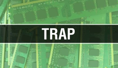 Bilgisayar ana kartının tuzak konsepti. Teknoloji anakartının dijital teknolojisi üzerine yazılmış tuzak metni. Yazdırılmış devre kartı olan bir tuzak ve Chip entegre devre Backgroun 'u kapatır