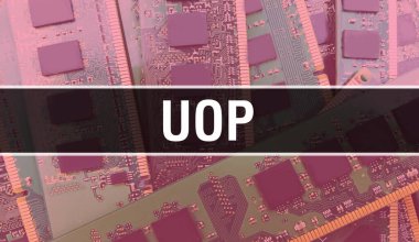 Bilgisayar anakart ile UOP kavramı. Teknoloji anakartının dijital teknolojisi üzerine yazılmış UOP metni. Yazdırılmış devre kartı olan UOP ve Chip entegre devre Backgroun 'u kapatır