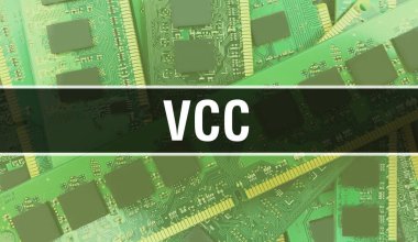 Elektronik Bilgisayar Donanım Teknolojisi geçmişi olan VCC. Elektronik Entegre Devre ve VCC ile soyut arkaplan. Elektronik Devre Kurulu. Bilgisayar Entegre Devre Domuzlu VCC