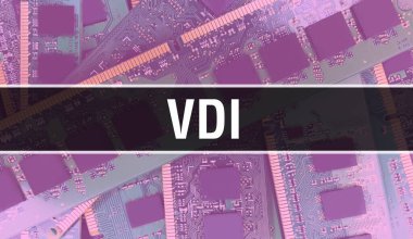 Devre Panosundaki Bilgisayar Çipi kullanılarak VDI konsepti illüstrasyonu. VDI entegre devre levha arka planını kapat. Elektronik Bilgisayar Donanım Teknolojisi Anakart Dijital Çip arka grubunda VDI