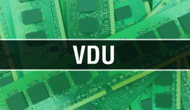 Elektronik Bilgisayar Donanım Teknolojisi geçmişi olan bir VDU. Elektronik Entegre Devre ve VDU ile soyut arkaplan. Elektronik Devre Kurulu. Bilgisayar Entegre Devre Domuzu ile VDU