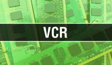 Bilgisayar anakart ile video konsepti. Teknoloji anakartının dijital teknolojisi üzerine yazılmış VCR metni. Basılı devre kartı olan VCR ve Chip entegre devre Backgroun 'u kapatır