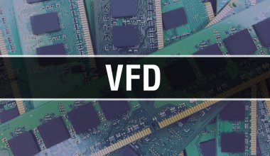 Elektronik Bilgisayar Donanım Teknolojisi geçmişi olan bir VFD. Elektronik Entegre Devre ve VFD ile soyut arkaplan. Elektronik Devre Kurulu. Bilgisayar Entegre Devre Domuzu ile VFD