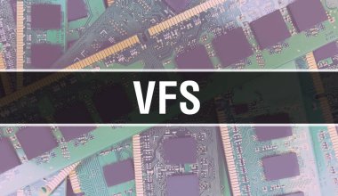 Devre Panosundaki Bilgisayar Çipi kullanılarak VFS konsepti illüstrasyonu. VFS entegre devre levha arka planını kapatın. Elektronik Bilgisayar Donanım Teknolojisi Anakart Dijital Çip arka grubunda VFS