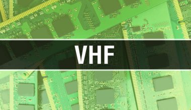 Yazılım geliştiricisinin ve bilgisayar yazılımının elektronik soyut teknoloji arka planında VHF metni yazıldı. VHF entegre devreler kavramı. VHF entegre devre ve direnç