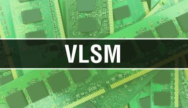 Elektronik Bilgisayar Donanım Teknolojisi geçmişi olan VLSM. Elektronik Entegre Devre ve VLSM ile soyut arkaplan. Elektronik Devre Kurulu. Bilgisayar Entegre Devre Domuzlu VLSM