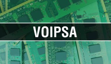 Yazılım geliştiricisinin ve bilgisayar yazılımının elektronik soyut teknoloji arka planında VOIPSA metni yazıldı. VOIPSA entegre devreler konsepti. VOIPSA entegre devre bir