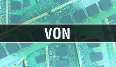 Devre Panosundaki Bilgisayar Çipi kullanılarak VON konsept illüstrasyonu. Entegre devre levha arka planının VON kapatma. Elektronik Bilgisayar Donanım Teknolojisi Anakart Dijital Çip arka grubunda VON