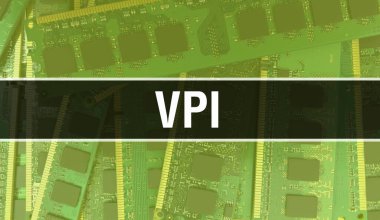 Devre kartında Elektronik Entegre Devre ile VPI konsepti. Bilgisayar Çipi 'nin soyut teknoloji arka planında olduğu VPI ve Chip entegre bir devrede kapanıyor. VPI Arka Gruplama