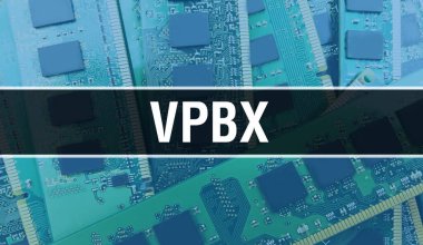 Bilgisayar anakartlı VPBX konsepti. VPBX metni Teknoloji Anakart Dijital Teknoloji arkaplanı üzerine yazılmış. Yazdırılmış devre kartı olan VPBX ve Chip entegre devre Backgroun 'u kapatır
